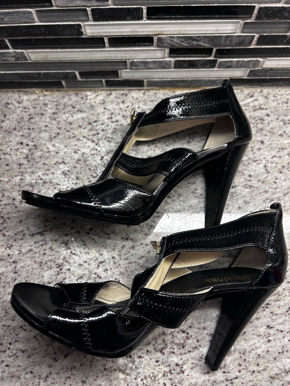 Michael Kors Black Patent Leather Strappy Zip front High Heel Sandals - size 10